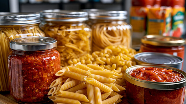 Collection of dried pasta varieties including spaghetti, penne, and macaroni displayed beside tomato sauce jars, canned tomato products, and tomato juice cartons, organized pantry essentials for lon