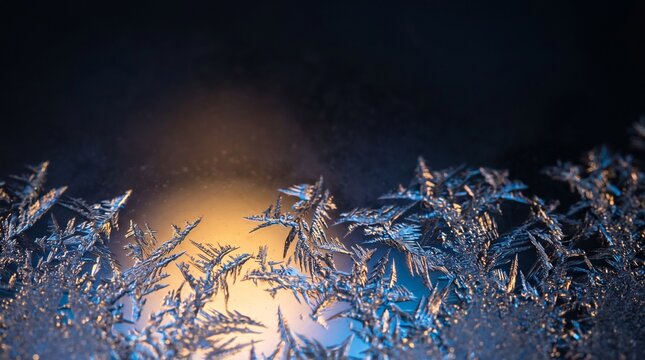 Close up macro shot of beautiful ice frost patterns on window glass, generative AI