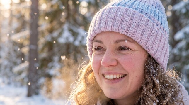 Close up portrait of smiling woman enjoying winter snow outdoor, generative AI