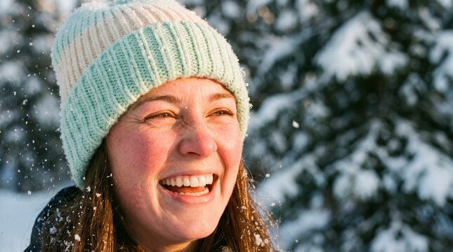 Cheerful young woman laughing outdoors in falling snow during winter, generative AI