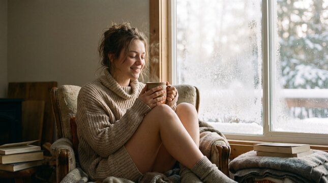 Cozy young woman relaxing with hot drink in winter morning light, generative AI