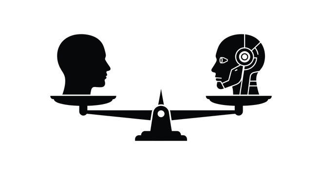 Human head and robotic head on scales a black silhouette against a white background silhouette android artificial intelligence