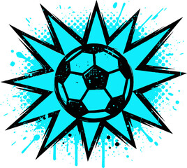 Grunge soccer ball vector illustration, cyan starburst explosion background, urban street art football graphic with paint splatters and halftone dots