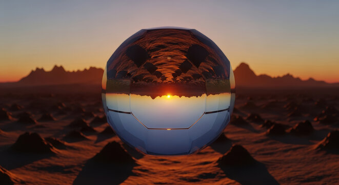Shiny reflective metal sphere floating in a vast desert landscape at sunset