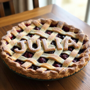 Homemade cherry pie with the name Julia written in pastry on a wooden table