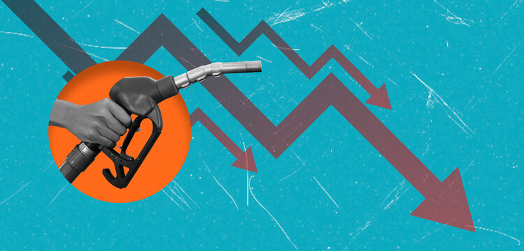Art collage showing fuel pump and declining price trend on a blue background