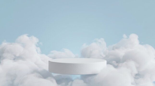 White circular podium on soft white cloud background 3D render for product showcase
