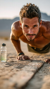 Desert push-up, intense gaze, hydration break
