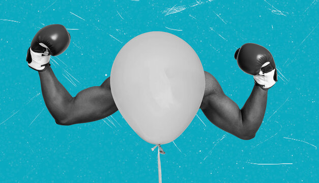 Art collage of a balloon with boxing gloves and strong arms against a blue background