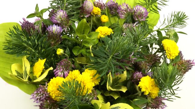 Flower arrangement of ornamental garden plants in a glass bowl, white background, top view