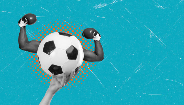 Art collage of a hand holding a soccer ball with strong arms and boxing gloves