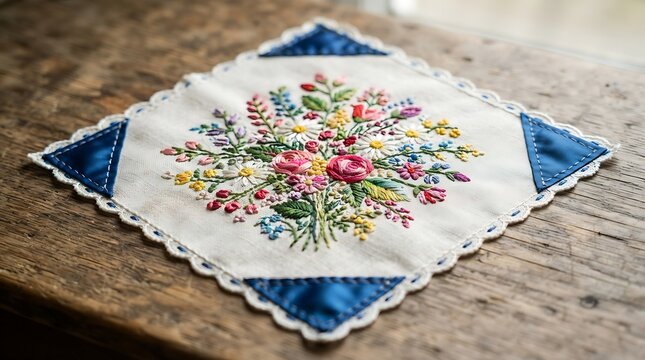 Embroidered floral square doily on a rustic wooden table
