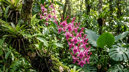 Fototapeta premium Beautiful pink orchids blooming in a tropical forest