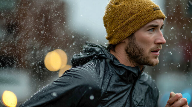 Rainy run, determined focus, urban lights, cold weather grit