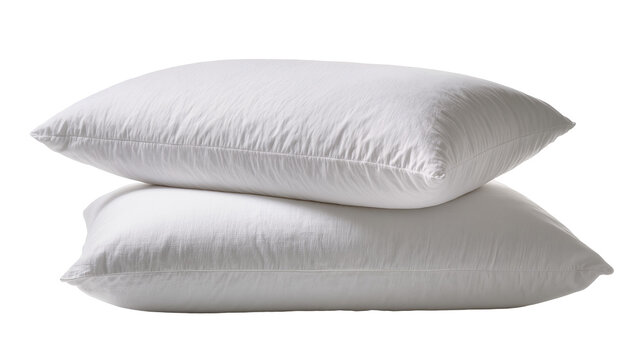 Isolated stack of two comfortable white bed pillows, soft fluffy bedding accessories.