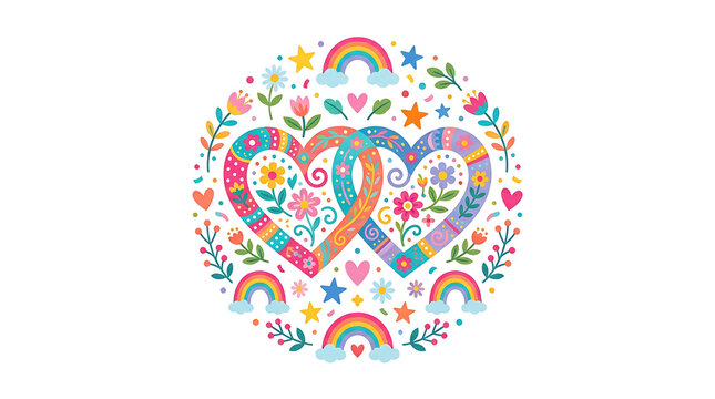 Interlocking Hearts with Flowers and Rainbows Illustration11