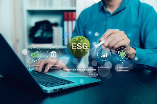 ESG strategy with environmental, social and governance icons, growth metrics and risk protection, representing sustainable business, corporate responsibility and responsible investment.
