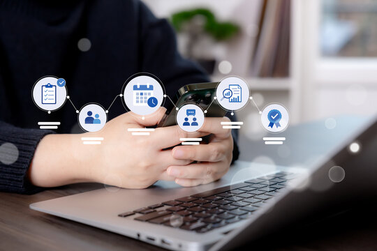 Digital employee onboarding workflow with tasks, team coordination, scheduling, communication, performance review and certification, representing HR automation and workforce integration.
