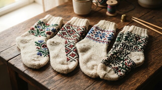 Handknitted woolen socks with traditional nordic patterns