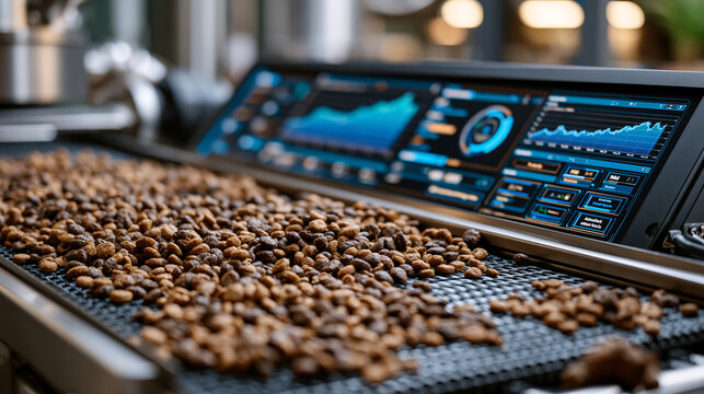 Industrial food manufacturing process with dry pet kibbles evenly distributed across a conveyor system, futuristic digital control screen showing graphs, productivity indicators, and automated quali