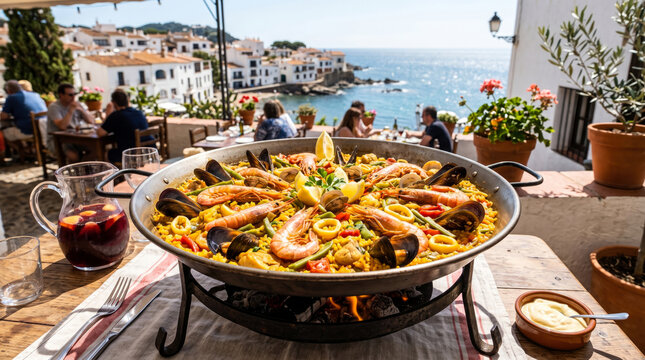 Traditional spanish seafood paella served outdoors on sunny terrace overlooking ocean coast.