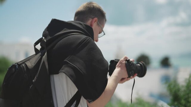 Man Photographer Tourist in Sidi Bou Said, Tunis, Tunisia