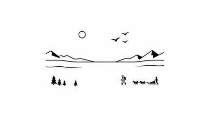 Minimalist Line Art Illustration Featuring a Winter Landscape with a Person Mushing a Dog Sled in the Snowy Mountains © Nasima