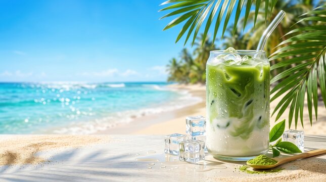 Refreshing iced matcha latte on a tropical beach with copy space, symbolizing healthy summer drinks, wellness, cooling refreshment, vacation