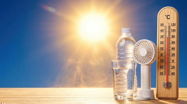 Water bottle, portable fan and thermometer under intense summer sun, illustrating heat wave, hydration, extreme temperatures, climate change, and hot weather safety. Copy space
