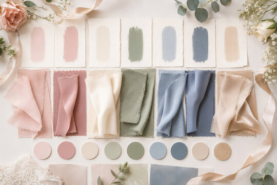 Pastel Wedding Color Palette with Fabric Swatches Flowers and Paint Samples