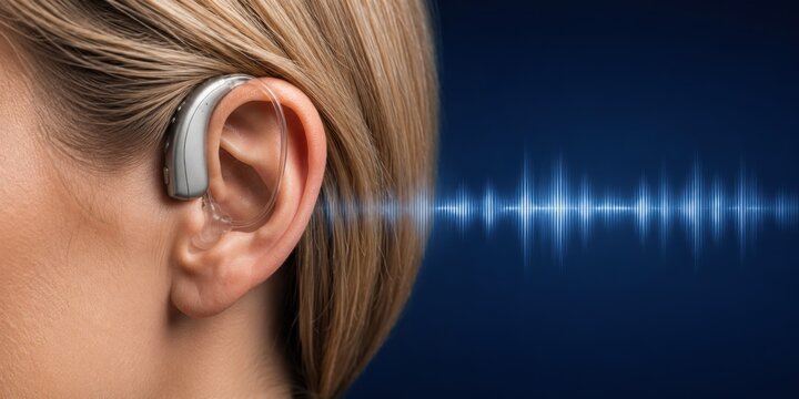 Close-up of a woman wearing a modern hearing aid with sound wave visualization. Hearing healthcare, audiology, hearing loss treatment, assistive technology and communication concept