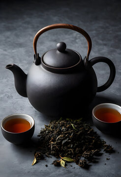 Traditional japanese cast iron teapot with two cups of hot tea and loose leaf tea on a dark background