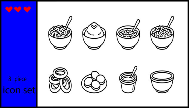 Fast food side dishes line icon set eight pieces mashed potatoes beans mac cheese onion rings rolls sauce bowl