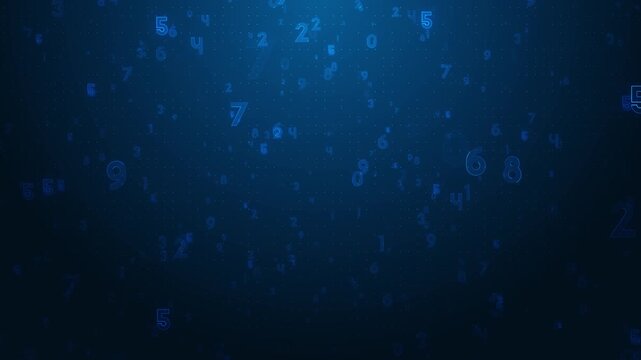 Digital number field background visual with blue floating digits, dark data space, and soft particle depth. Perfect for analytics videos, finance screens, education titles, and overlays.