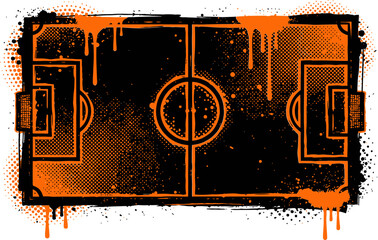 Grungy soccer field vector illustration, urban graffiti style football pitch with orange paint drips, distressed sports court background © SanaMuhyUdDin