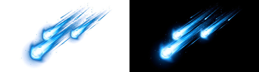 Blue meteor shower with glowing comet streak trails in PNG, Transparent and Black Background Versions for cosmic design projects © Crafter