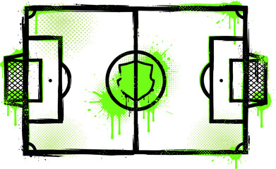Grunge soccer field vector illustration, urban graffiti style football pitch with green paint splatters, hand drawn sports stadium layout © SanaMuhyUdDin