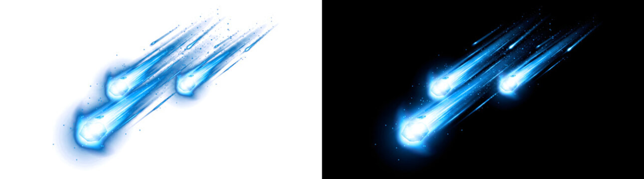 Blue meteor shower with glowing comet streak trails in PNG, Transparent and Black Background Versions for cosmic design projects