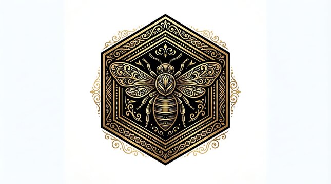 Ornate golden bee emblem in hexagonal frame isolated on white background