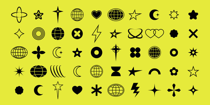Retro Futuristic Y2K Icon Set Neon Millennium Symbols.