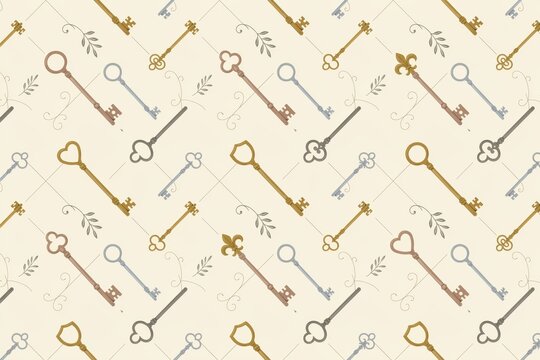 Seamless pattern with vintage skeleton keys in gold and silver colors, decorated with delicate swirling vine ornaments on a light background
