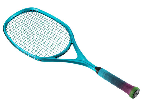 Isolated vibrant blue and teal racket with a colorful gradient grip for sports and game play