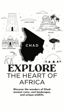 Chad outline with landmarks, wildlife, and text for travel promotion
