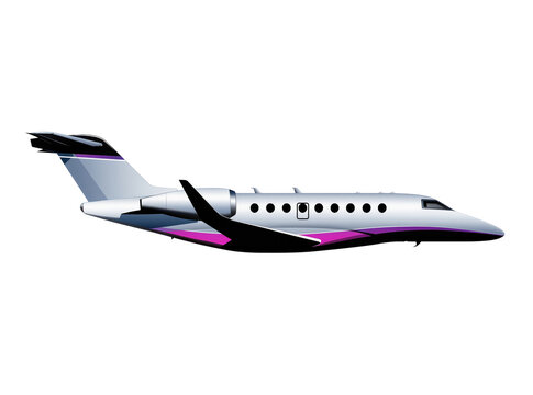 Isolated sleek private business jet aircraft flying with modern design and magenta accents