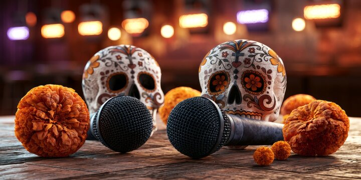 Karaoke Duet Microphones with Calaveras and Marigolds
