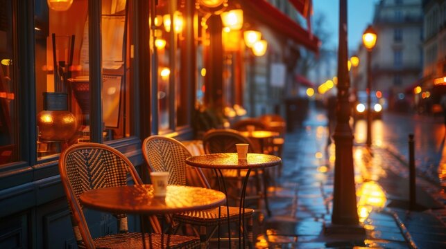 Outdoor cafe at night with warm lighting and reflections on wet surface