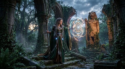 Obraz premium Enchanting Sorceress Casting Spells in Ancient Ruins, Fantasy Art, Mystical Forest, Magical Environment, Dramatic Viewpoint