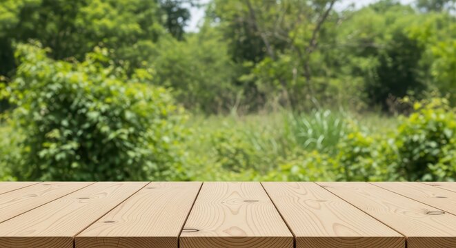Empty wooden table in lush outdoor setting. Natural environment with greenery and sunlight.