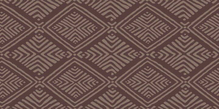 Seamless brown ethnic tribal pattern with hand-drawn geometric diamond shapes, mudcloth batik inspired vector background for textile and wallpaper.