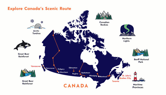 Map of Canada with scenic routes and travel icons